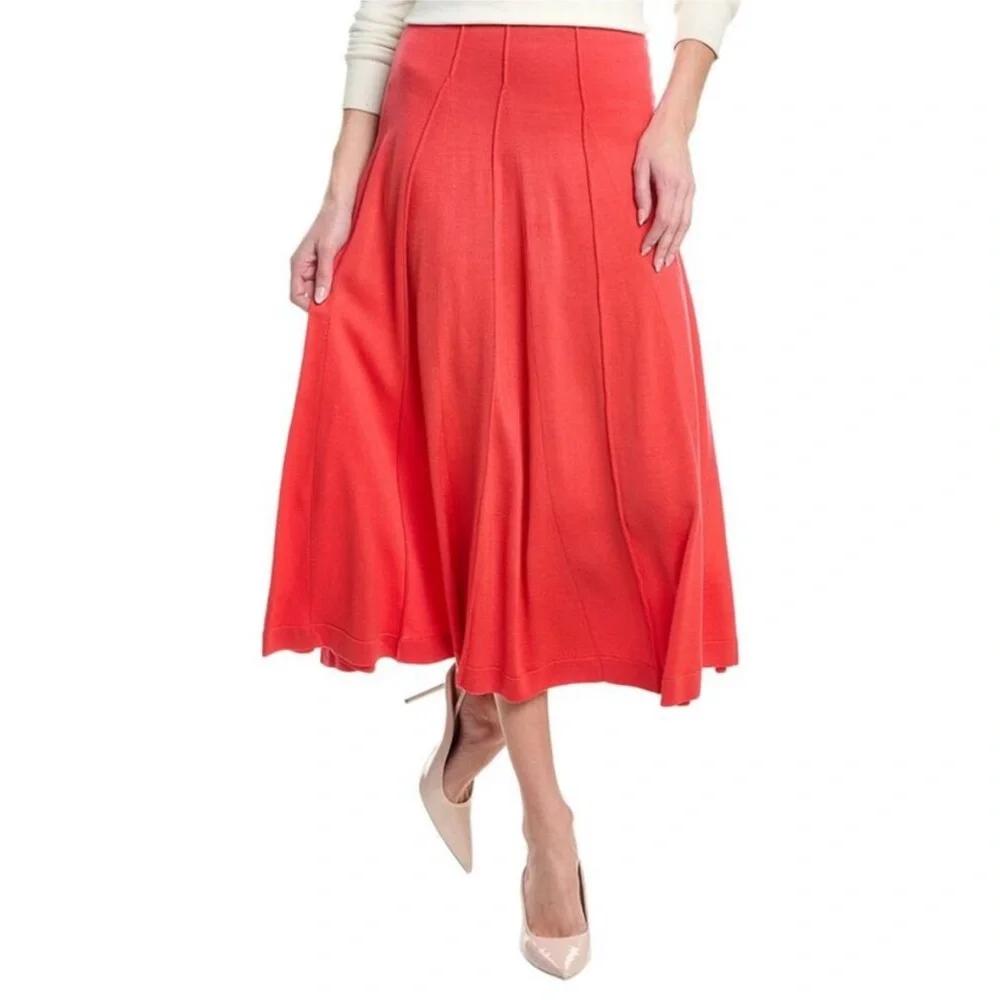 Lafayette 148 New York || Godet Knit Midi Skirt A-Line Wool Red Orange‎ M